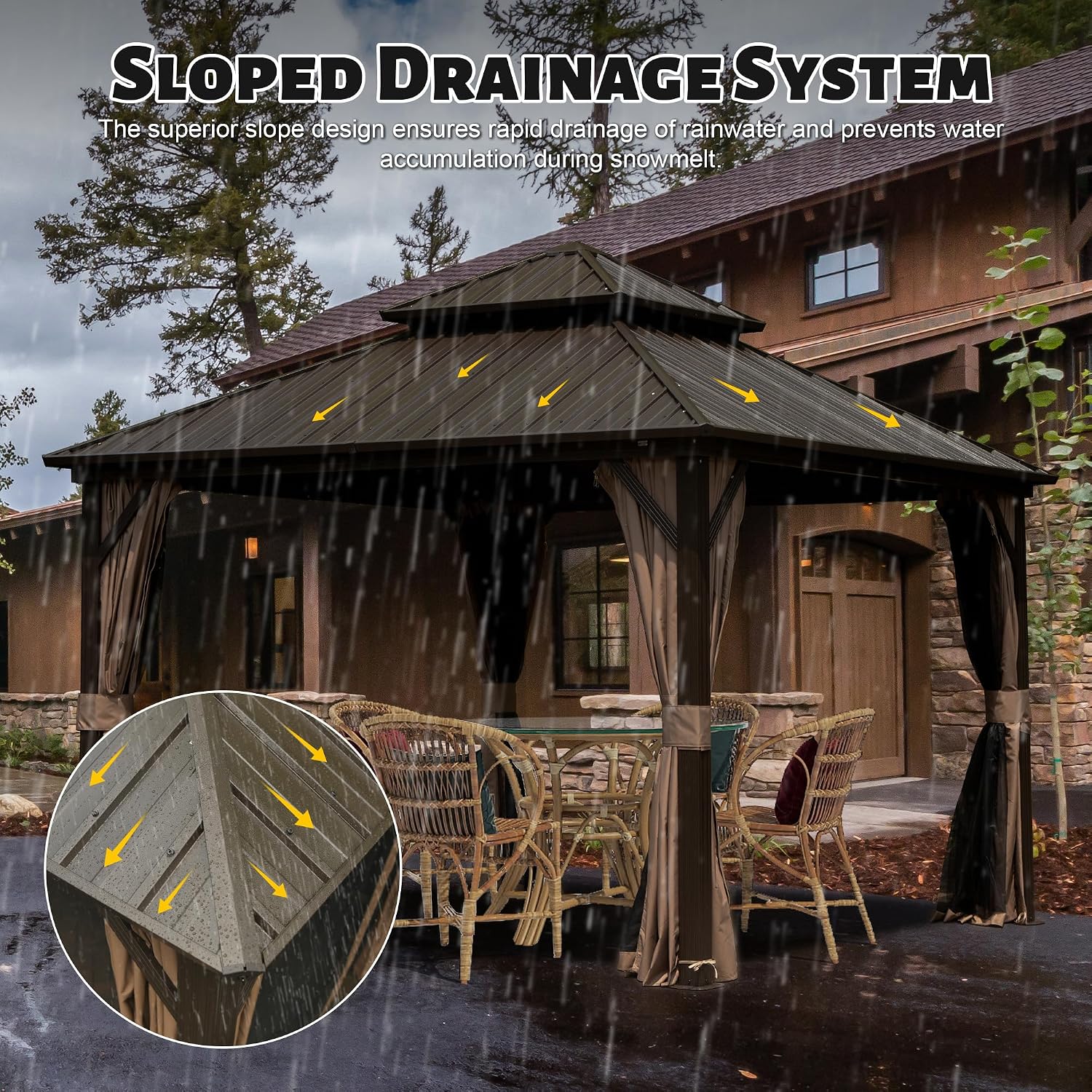 Domi 10'x10' Hardtop Gazebo, Outdoor Metal Gazebo with Galvanized Steel Double Roof, Curtains & Netting, Permanent Pavilion for Patio, Backyard, Party, Outdoor Dining, Brown