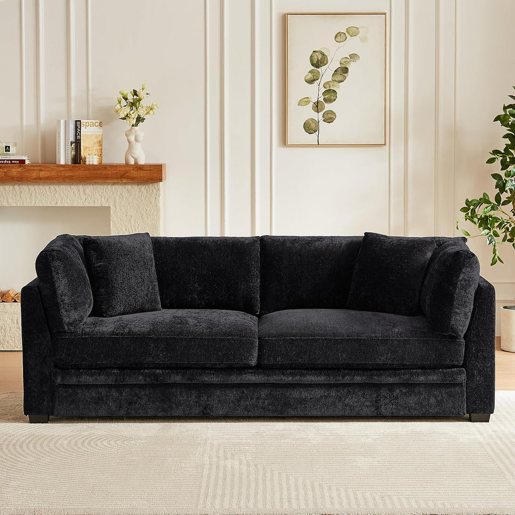 Christopher Knight Home Masie Chenille Upholstered 3 Seater Sofa Couch, Wooden Home Sofa Living Room, Comfy Cloud Couch for Bedroom, Home Office, Black