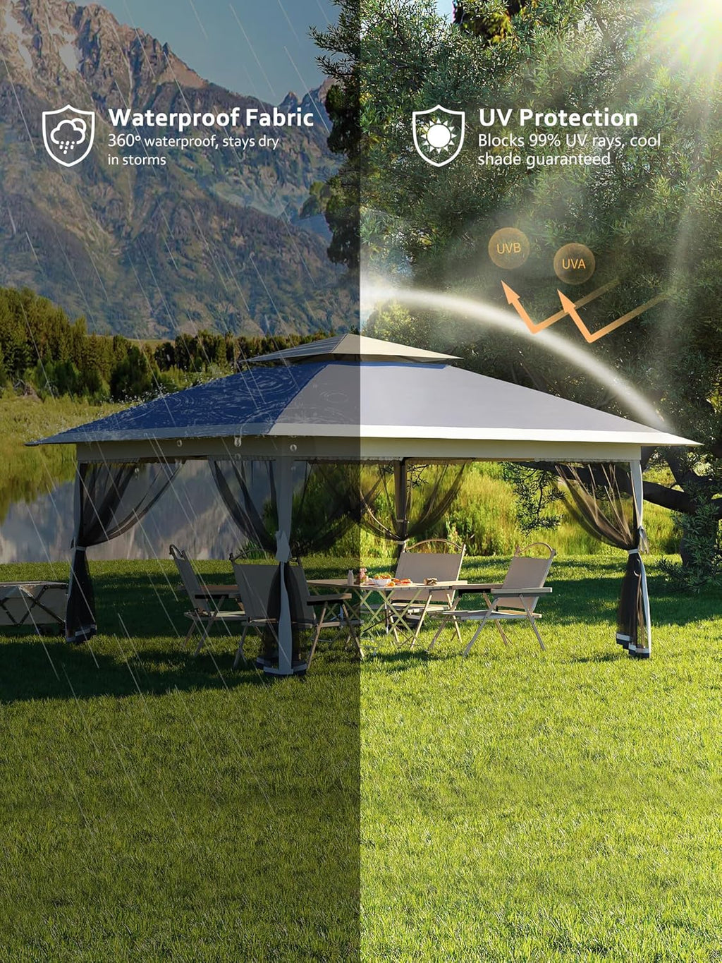 Garvee 13x13 ft Pop Up Gazebo, Canopy Tent with Mosquito Netting, Outdoor Gazebos for Backyard & Patio Furniture - Pop Up Canpy with Wheeled STO-N-Go Cover Bag(Navy Blue+Hemp Grey)