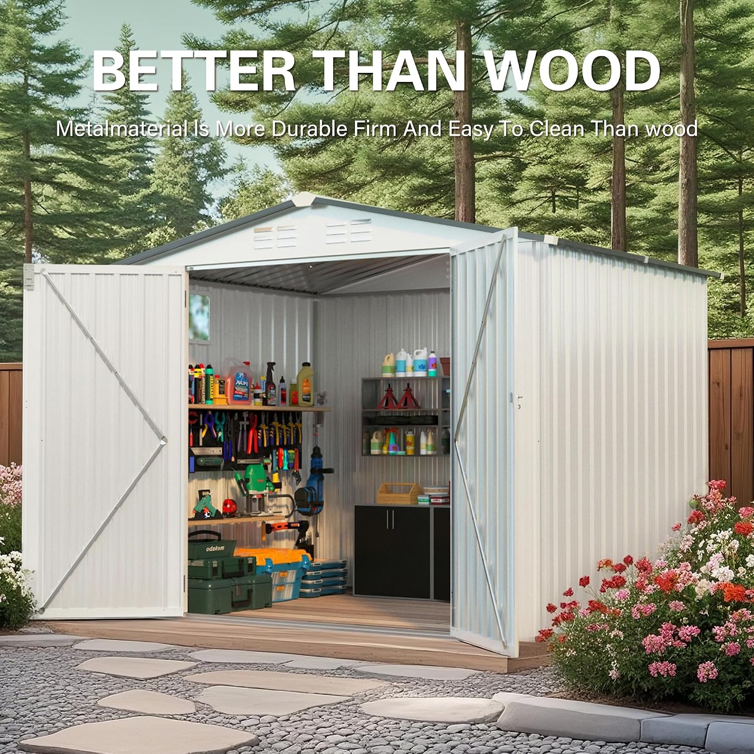KEIKI 8x6 FT Outdoor Metal Storage Shed with Window and Lockable Door,Peaked Roof for Patio Backyard Garden