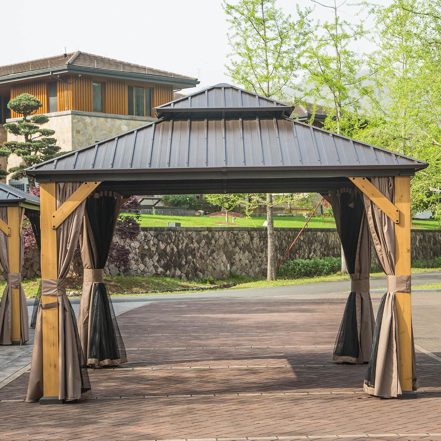 12 x 12FT Cedar Wood Frame Hardtop Gazebo with Galvanized Steel Double Roof, Curtains and Netting, Outdoor Wooden Gazebo Pergola for Patio Lawn Backyard