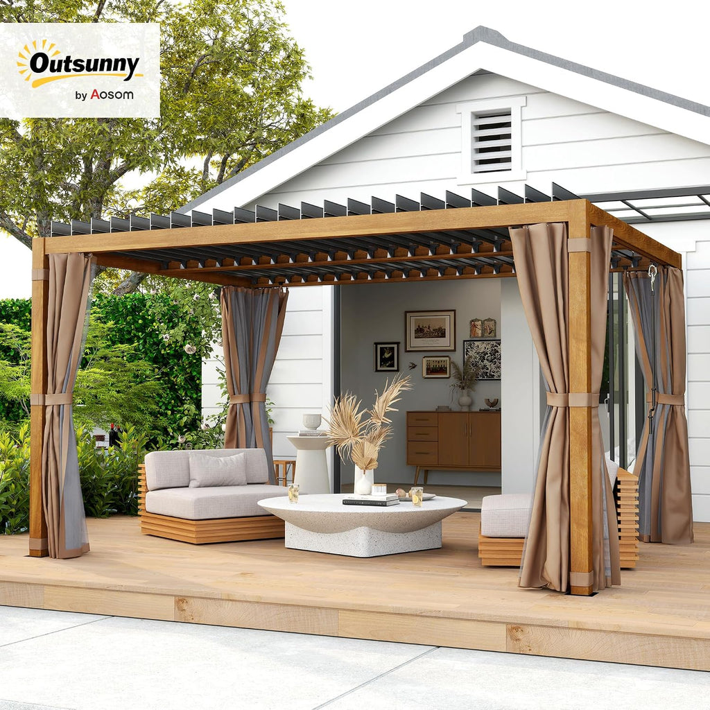 Outsunny 10' x 13' Louvered Pergola Hardtop Gazebo with Adjustable Aluminum Roof and Frame, Outdoor Pergola with Curtains and Netting, for Garden, Lawn, Backyard, and Deck, Natural Wood