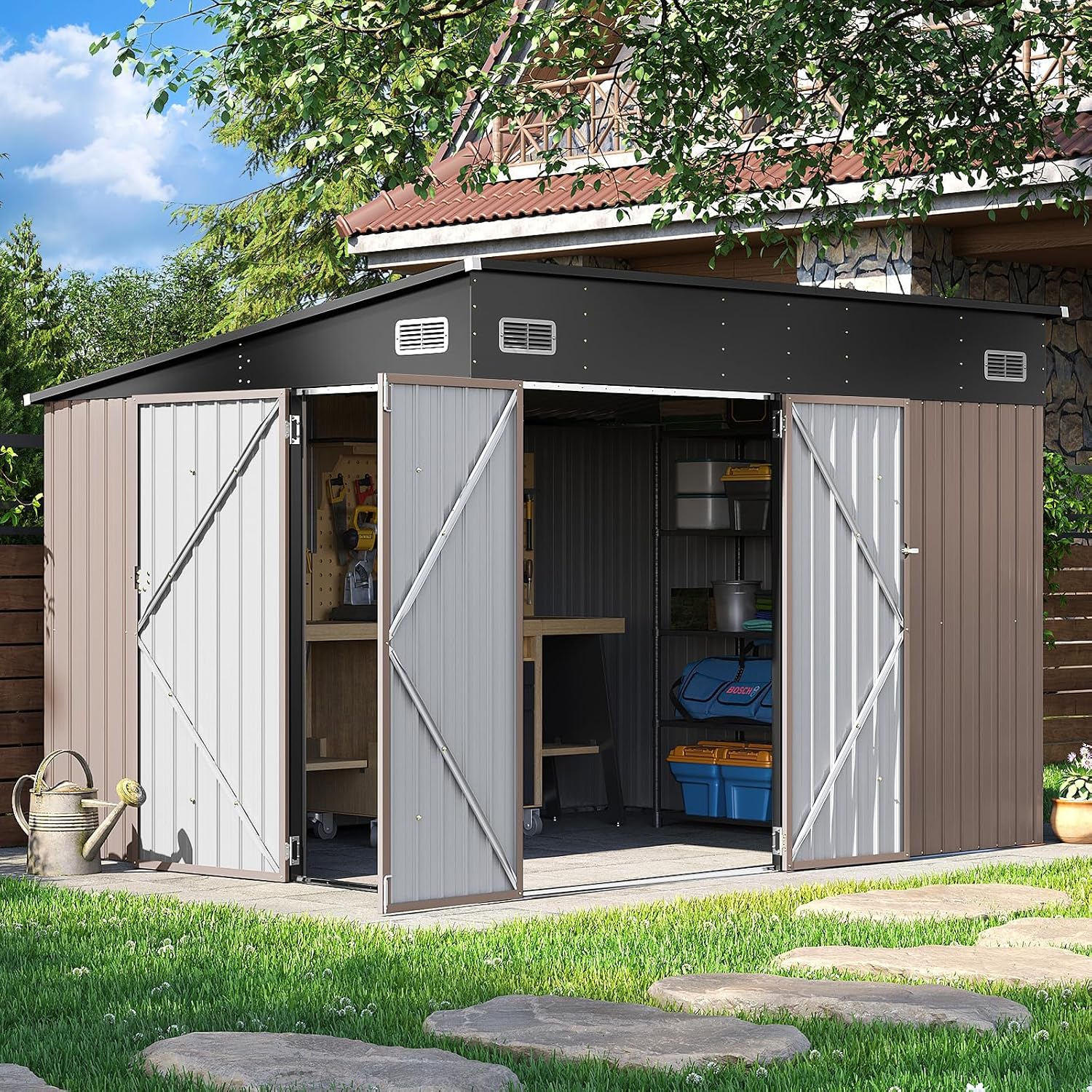 9.5' x 7.5' Outdoor Metal Storage Shed with Sloping Roof & Triple Lockable Doors for Tools, Bicycles, Garden & Patio (Brown)