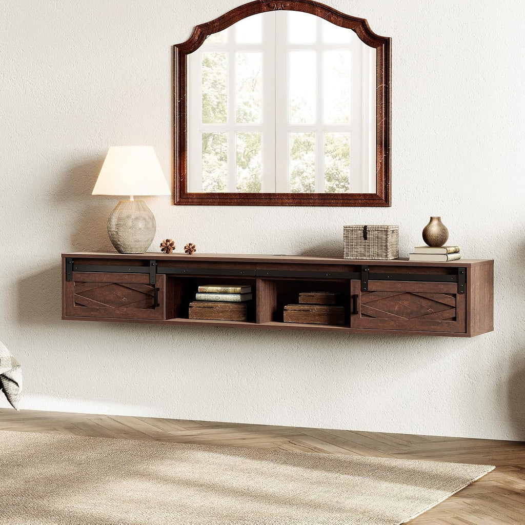 WAMPAT Floating TV Stand for TVs up to 80 Inch, Wood Entertainment Center with Charging Station, Sliding Barn Door Floating TV Shelf for Living Room,Rustic Brown