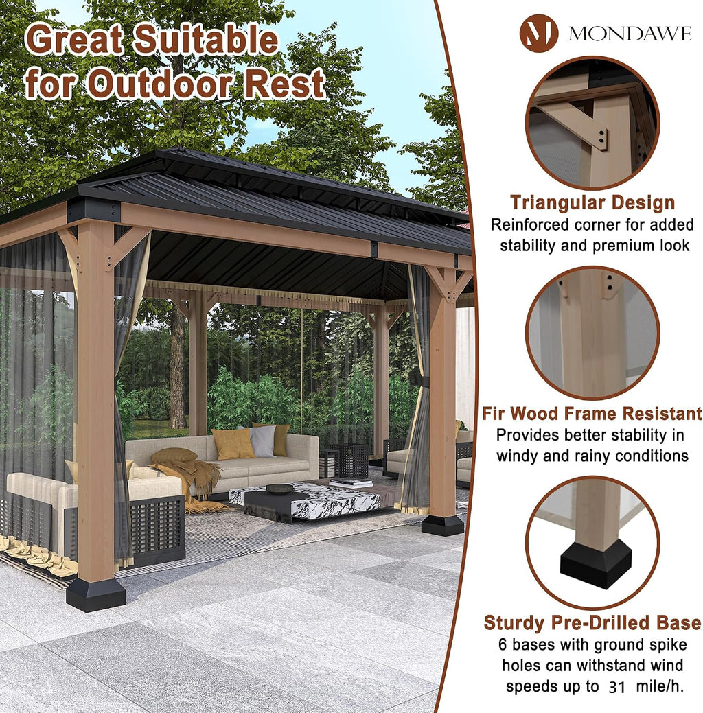 Cedar Wood Gazebo 12x20Ft Hardtop Gazebo with Netting, Outdoor Permanent Gazebo Pergola with Galvanized Steel Double Roof Pavilion for Patio Lawn Garden