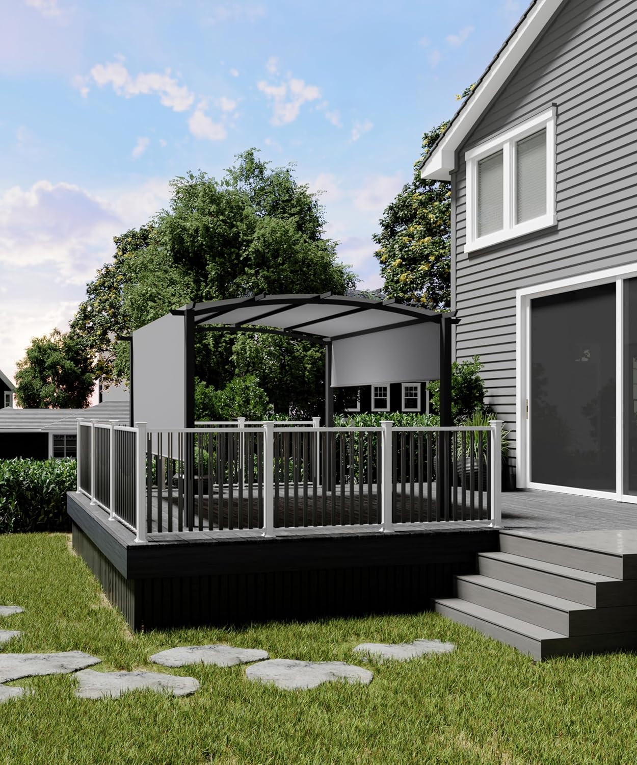 GarveeLife 10 ft x 10 ft Outdoor Arched Pergola, Metal Gazebo with Retractable Sun Shade for Backyards, Lawn, Patios (Grey)
