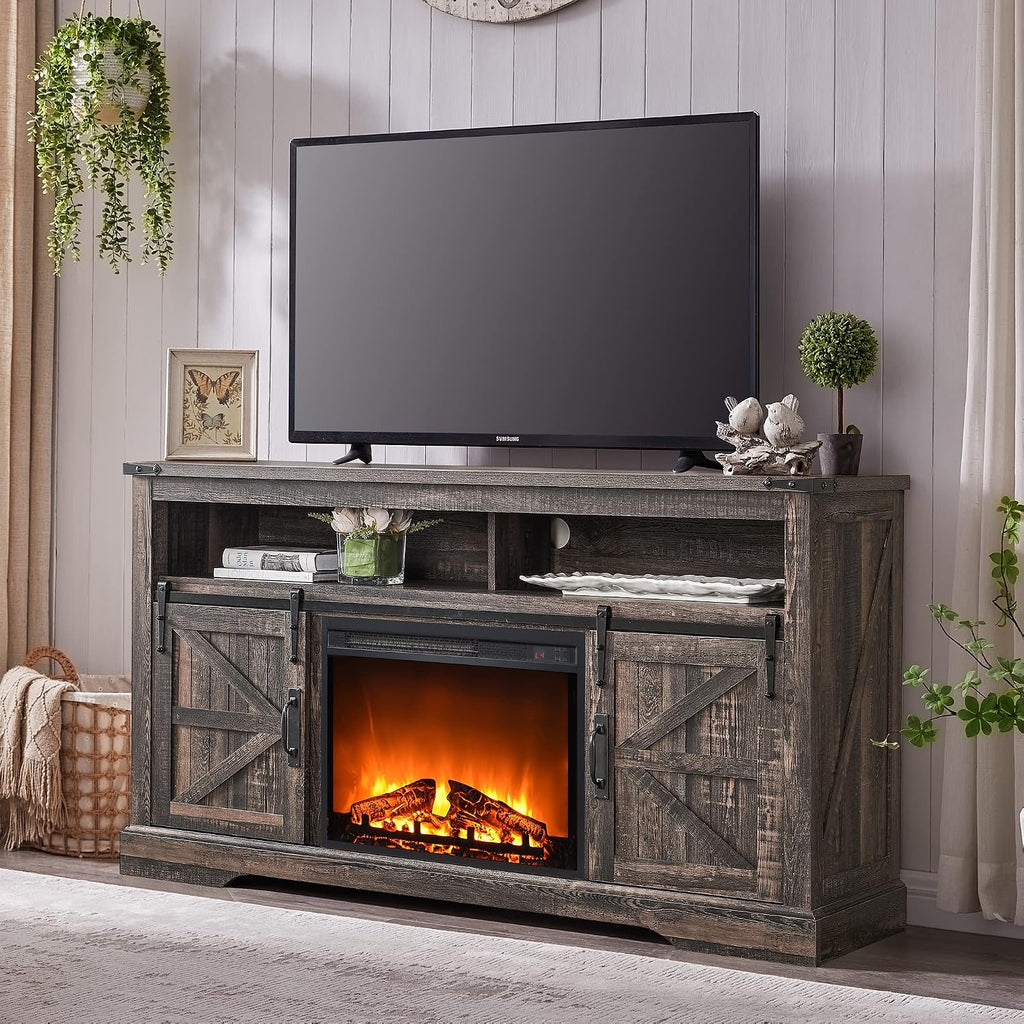 OKD Fireplace TV Stand for 65+ Inch TV, 33' Tall Highboy Farmhouse Entertainment Center w/ 23'' Electric Fireplace, Rustic Media Console w/Sliding Barn Door for Living Room, Dark Rustic Oak