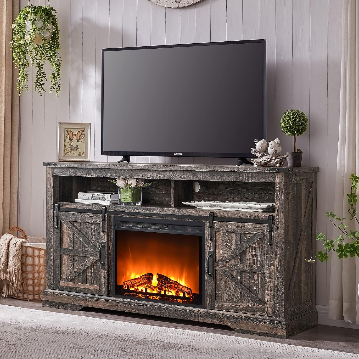 OKD Fireplace TV Stand for 65+ Inch TV, 33' Tall Highboy Farmhouse Entertainment Center w/ 23'' Electric Fireplace, Rustic Media Console w/Sliding Barn Door for Living Room, Dark Rustic Oak