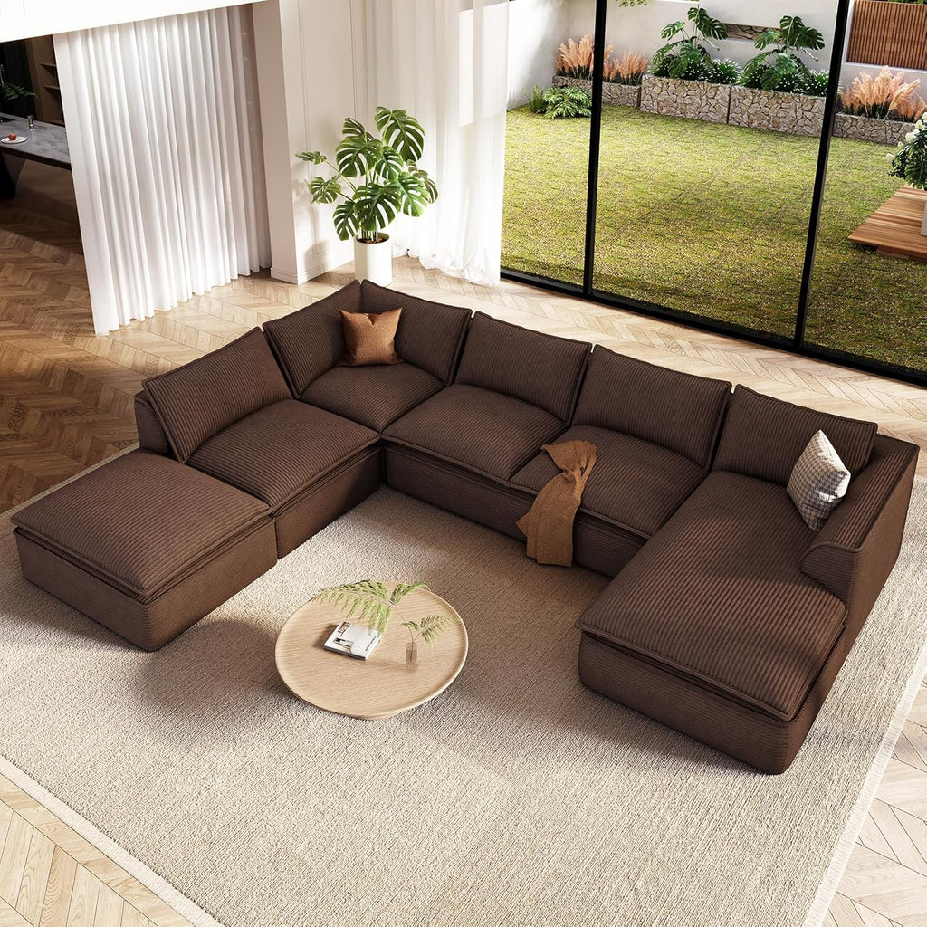 Vesgantti 141.7' Oversized Boneless Sectional Couch, Modern 7 Seater Modular Sofa with Chaise & Ottoman, Deep Seat Corduroy Cloud Couches for Living Room, No Assembly Required, Dark Brown