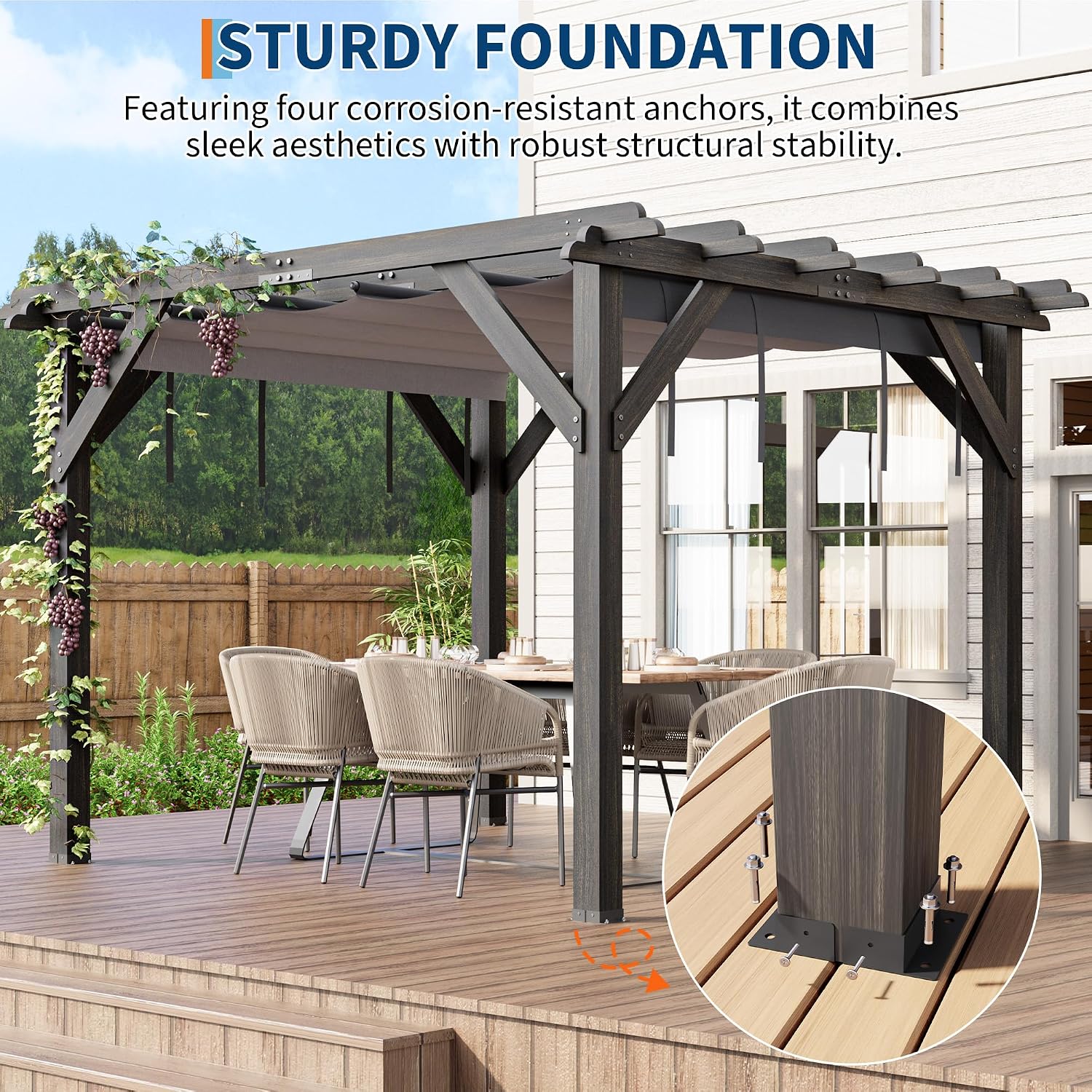 10x12 Ft Outdoor Spruce Wooden Gazebo Pergola with Canopy and Installation Kit, Premium Support Structure, Wind and Snow Resistant, Modern Outdoor Extendable Gazebo for Porches, Vines and Decks