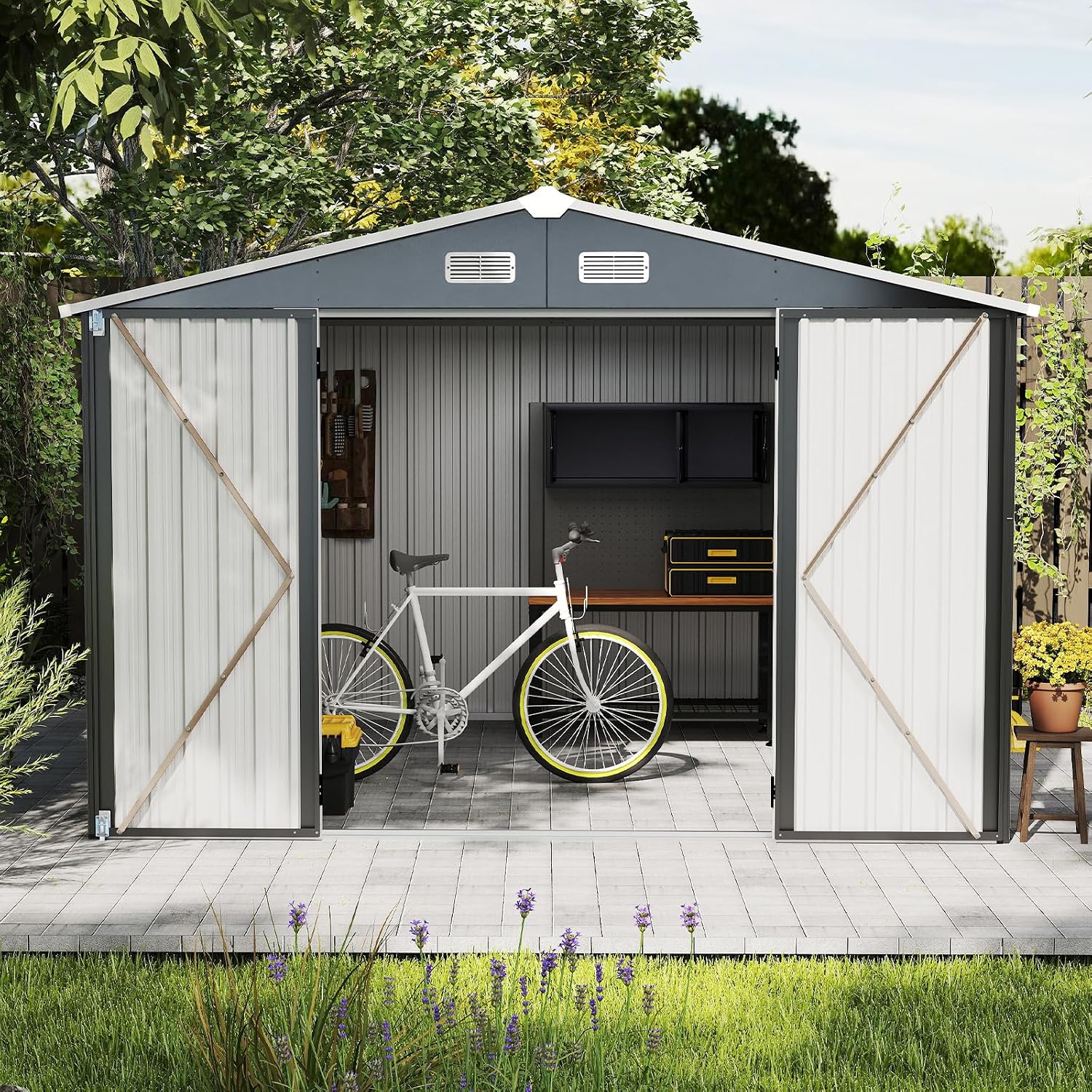 10x10FT Black Metal Storage Shed, Durable Outdoor Tool Shed with Sturdy Steel Construction, Ideal for Backyard, Garden, or Lawn
