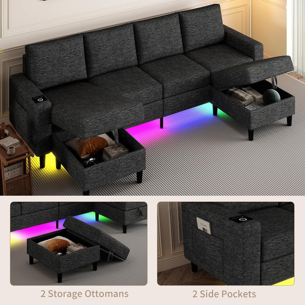 Sectional Couches for Living Room, 4 Seat Sectional Sofa with Smart Module-Wireless Charging/USB/Type-C/RGB Light, U Shaped Couch with Reversible Chaise Lounge/Storage Ottoman (Charcoal Grey)