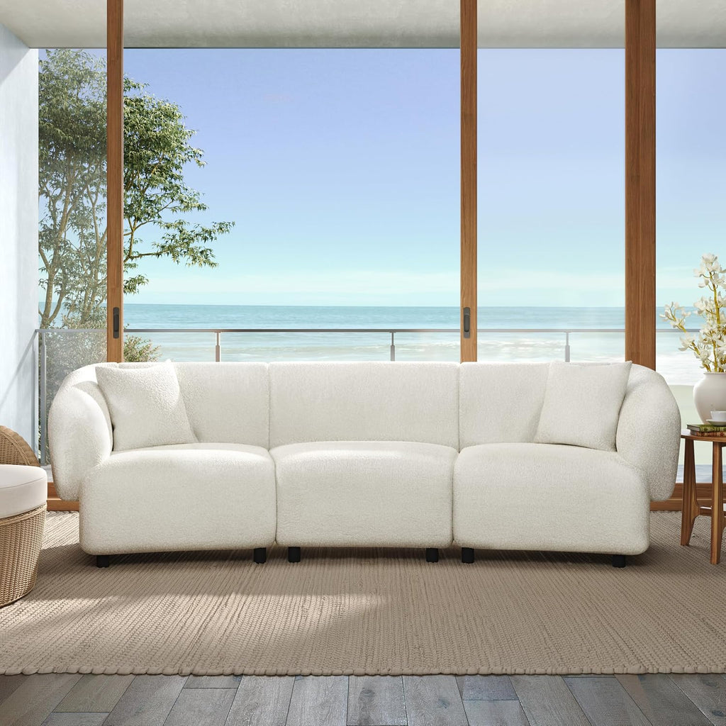 Merax 98.5' Modern 3 Seater Curved Sofa, Luxury Boucle Fabric Sofa, Minimalist Cozy Cloud Couch for Living Room, Bedroom, Apartment, Home Office, Beige