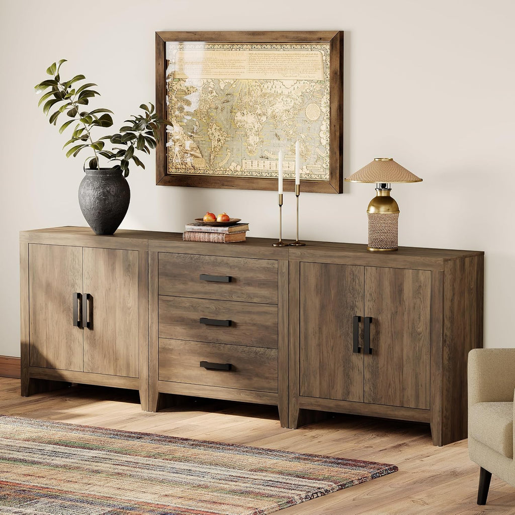 WAMPAT TV Stand for TVs up to 85 Inch, 3-Piece Modular Entertainment Center with Drawers and Doors, Farmhouse Media Console for Living Room, Bedroom, Home Theater, Brown
