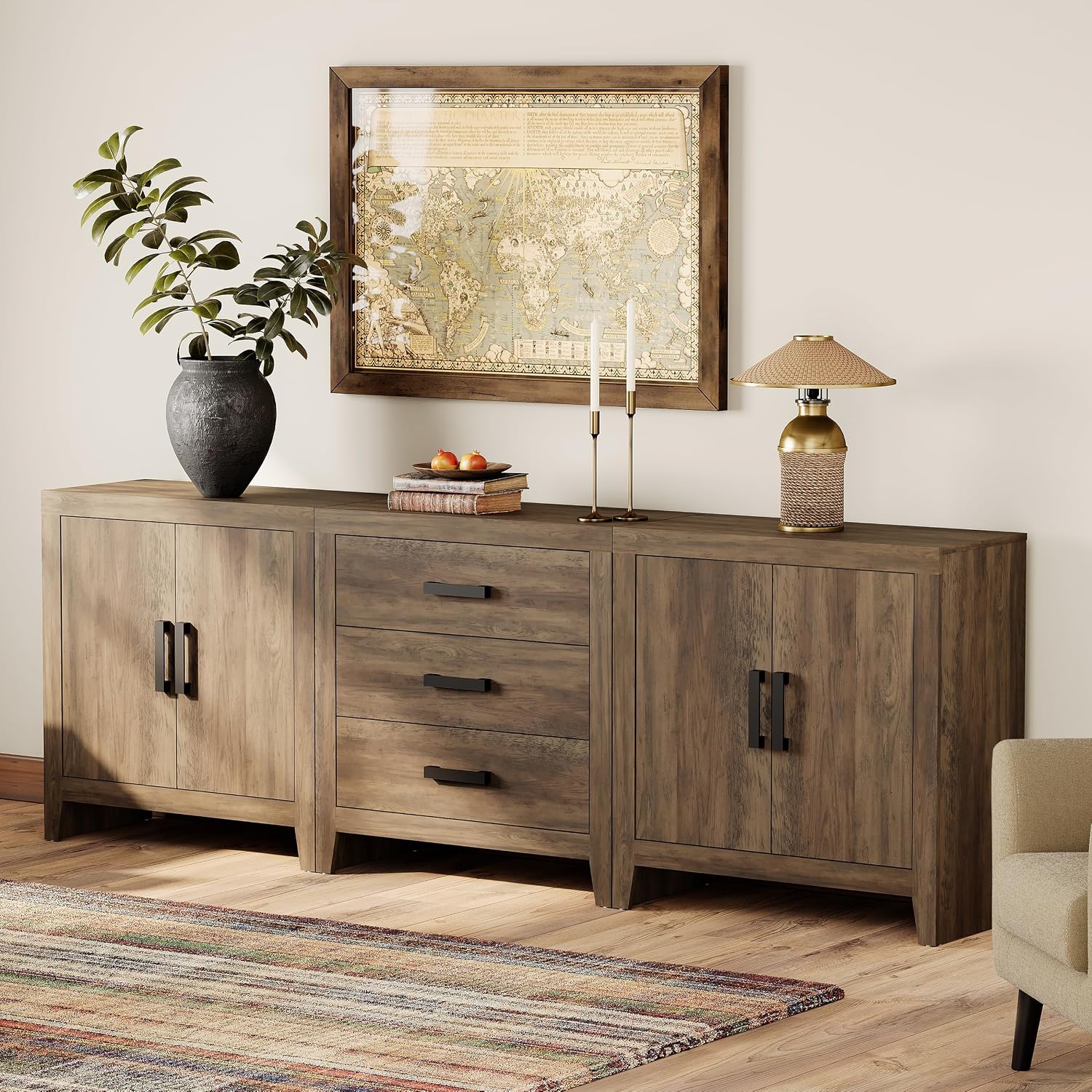 WAMPAT TV Stand for TVs up to 85 Inch, 3-Piece Modular Entertainment Center with Drawers and Doors, Farmhouse Media Console for Living Room, Bedroom, Home Theater, Brown