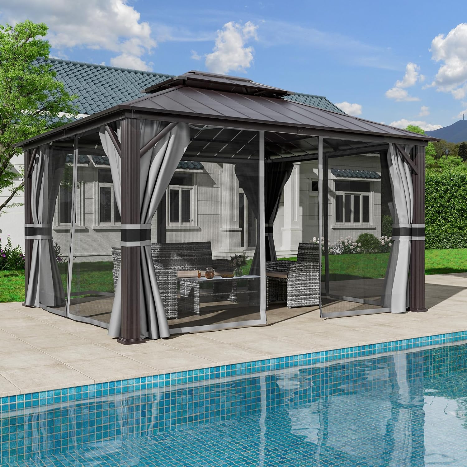 Amopatio 12' X 16' Hardtop Gazebo, Aluminum Gazebo with Double Galvanized Steel Roof, Curtains and Netting Included,Outdoor Metal Pergola for Patios, Garden, Parties, Lawns, Gray