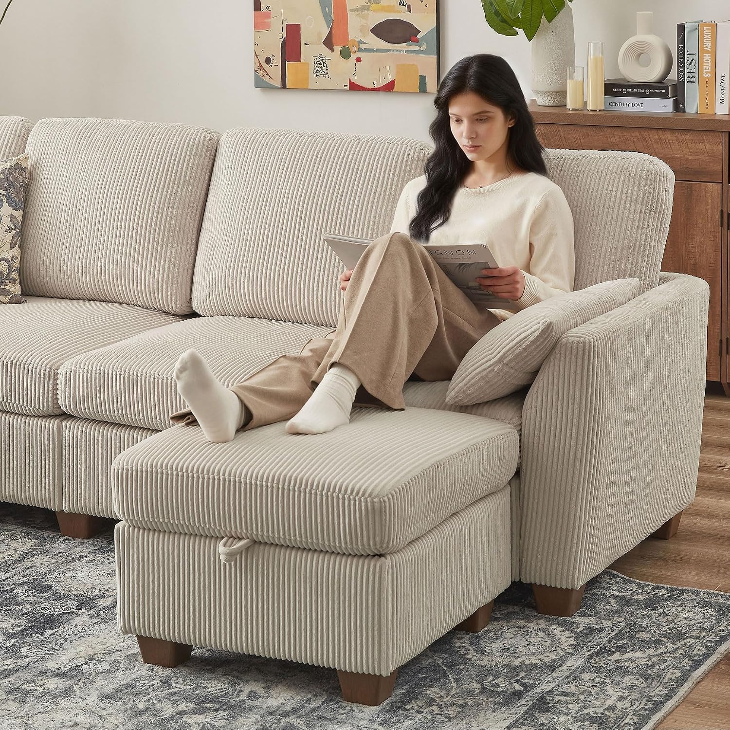 102' Convertible Sectional Sofa, 4-Seat U Shaped Couch with Storage Chaise Lounge, Modern Corduroy Fabric Sectional Couches for Living Room, Beige