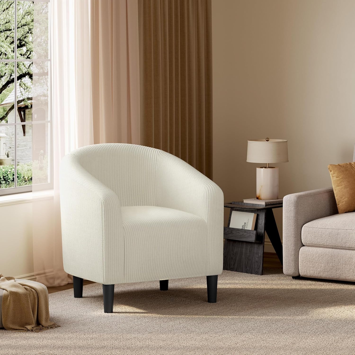 Yaheetech Accent Barrel Chair, Corduroy Fabric Club Chair, Furry Sherpa Elegant Armchair with Cozy Soft Padded, Suitable for Living Room Bedroom Reception Room Office, Beige
