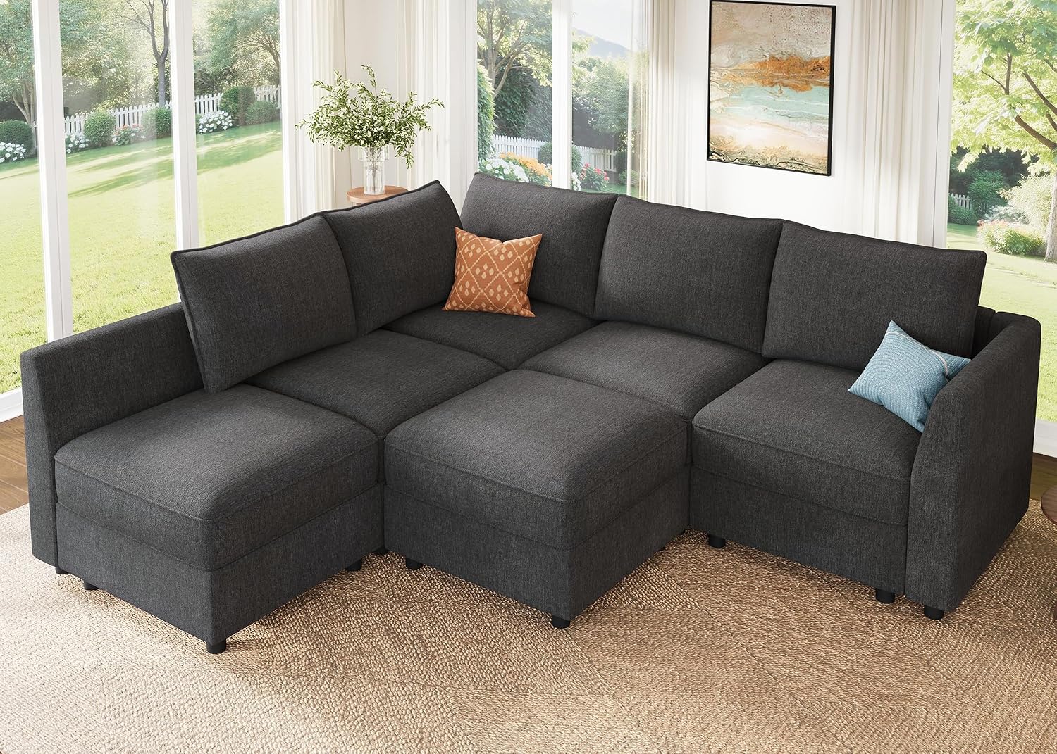 HONBAY Modular Sectional Sofa L Shaped Sectional Couch with Storage, Convertible Couches for Living Room - Snowflake Velvet Grey