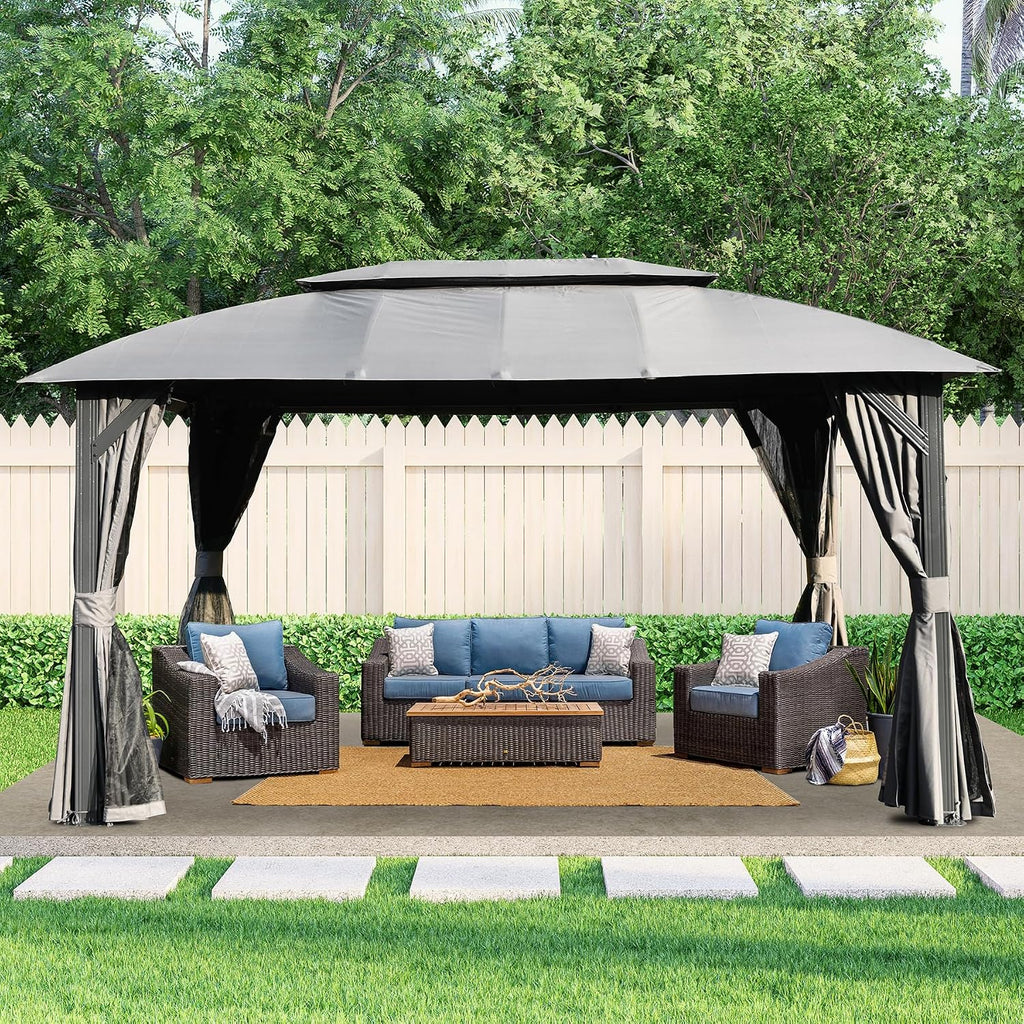 Domi Gazebo 10x14FT, Outdoor Gazebo with Double Roofs, Privacy Curtains, Mosquito Nettings, Heavy Duty Metal Frame Party Tent Canopy for Patio, Backyard, Deck, Lawn, Grey