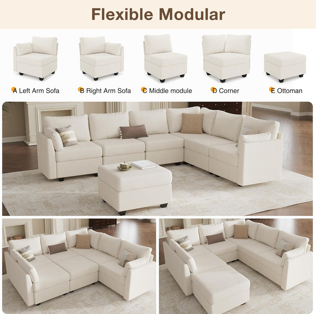 Modular Sectional Sofa Couches, Large Convertible Modular Couches with Storage, 7-Seater Sectional Sofa for Living Room, U Shaped Sectional Couch Sleeper Sofa with Chaise (Beige, 7 Seats)