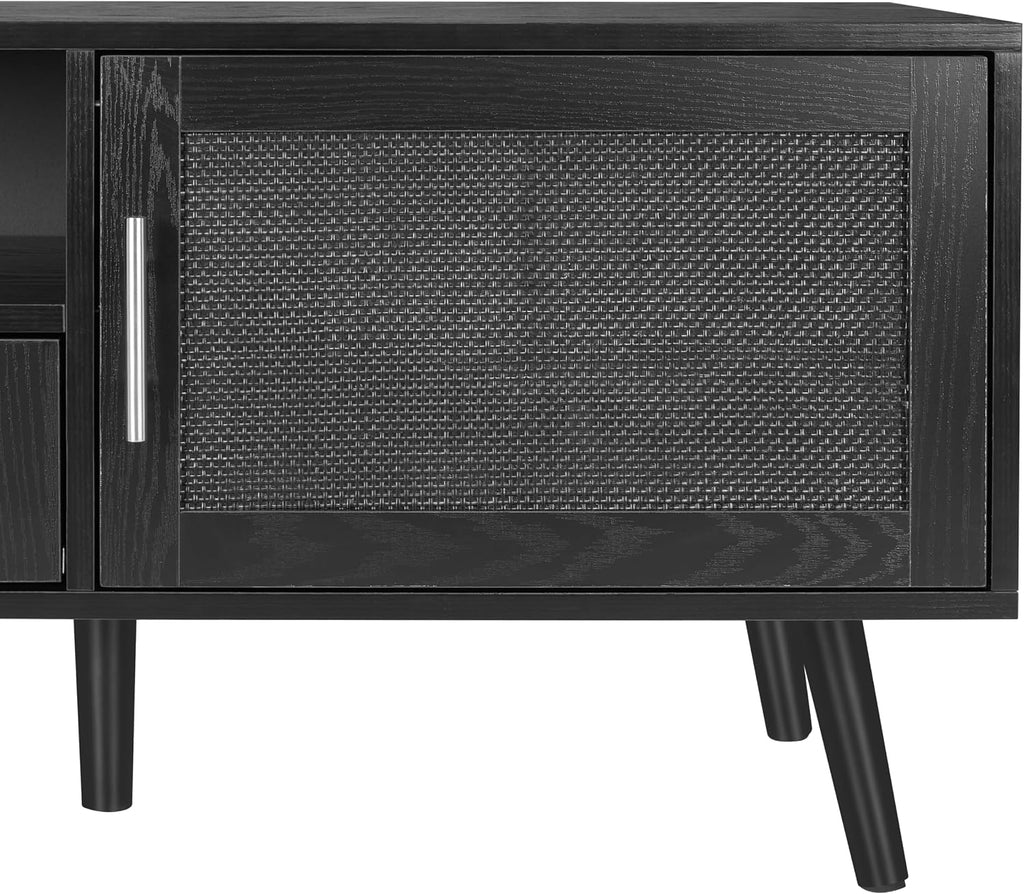 Finnhomy 59 Inch Boho TV Stand for up to 70 inch TV, TV Console with 2 Hand Made Rattan Decorated Doors, Living Room Entertainment Center TV Table with Storage, Black