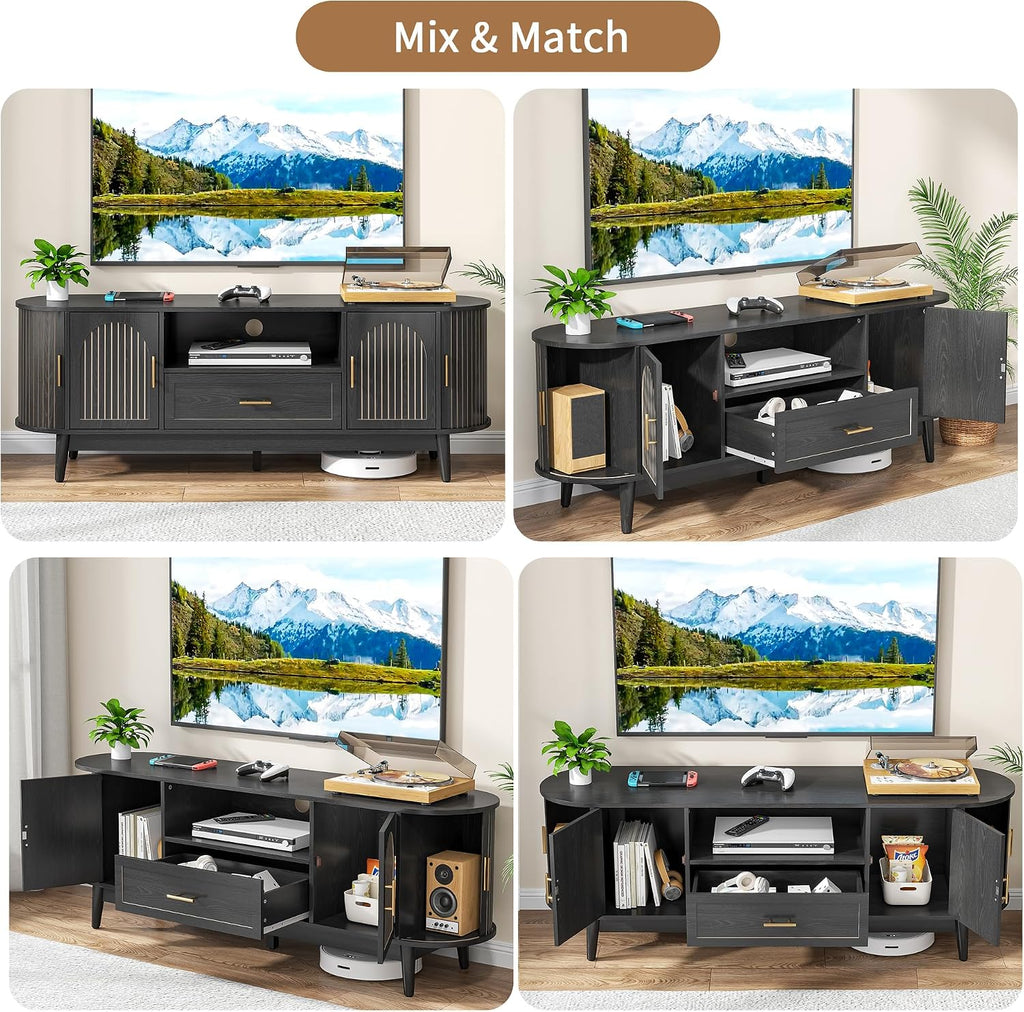 63' Fluted TV Stand for Tvs up to 70', Mid-Century Modern Entertainment Center with Drawers and Fluted Doors, Curved TV Media Console Table with Sliding Doors for Living Room, Bedroom (63' Black)