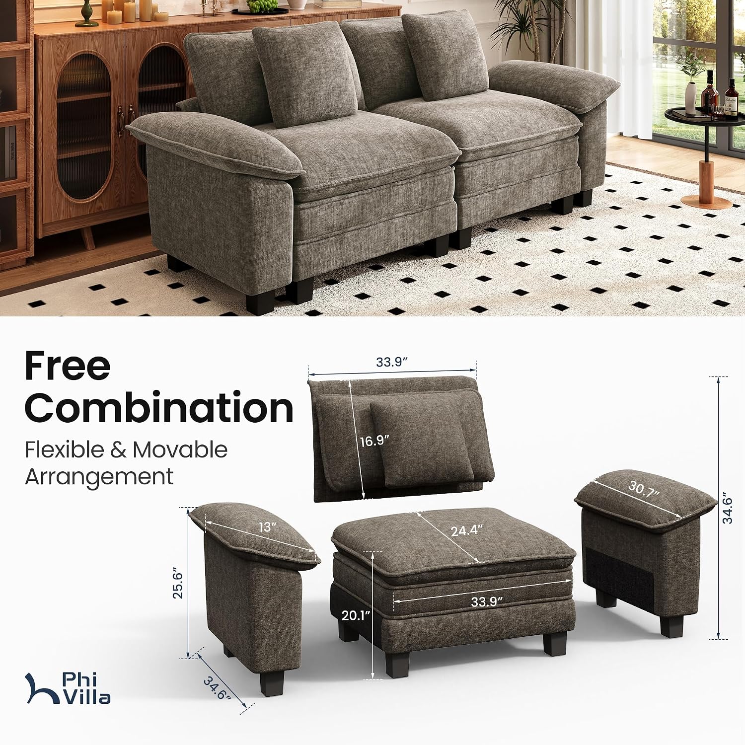 PHI VILLA Indoor Modular Couches Sets, 87.5' Sectional Loveseat Sofa with Upholstered Deep Seat, 2-Seater Comfy Couches for Living Room Bedroom, Chenille Fabric, Smoky Grey