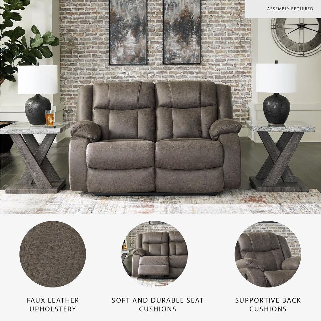 Signature Design by Ashley First Base Contemporary Faux Leather Manual Reclining Loveseat, Gray