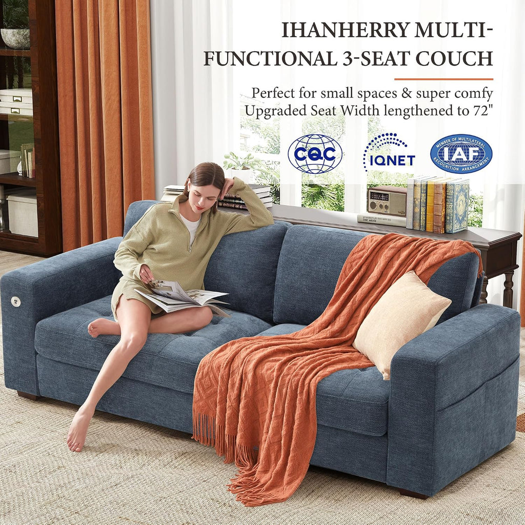 Ihanherry Modern Sofa Living Room Couch with USB/Type-C Charging Port, Comfy 3-Seats Chenille Recliner Sofa for Small Space, Removable Medium Firm Cushion, (89inch, Blue)