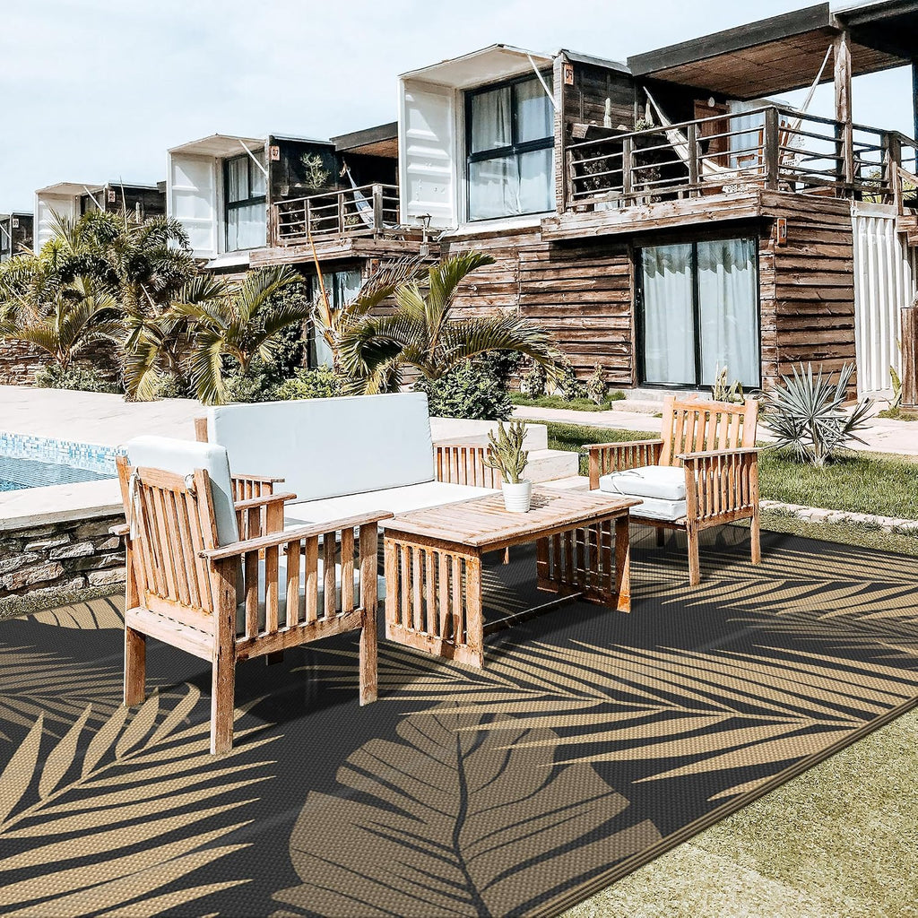 GENIMO Outdoor Rug 10' x 20' Waterproof for Patios Clearance, Reversible Outdoor Plastic Straw Camping Rug Carpet, Large Area Rugs Mats for RV, Camper, Deck, Balcony, Porch, Beach, Picnic, Black&Brown