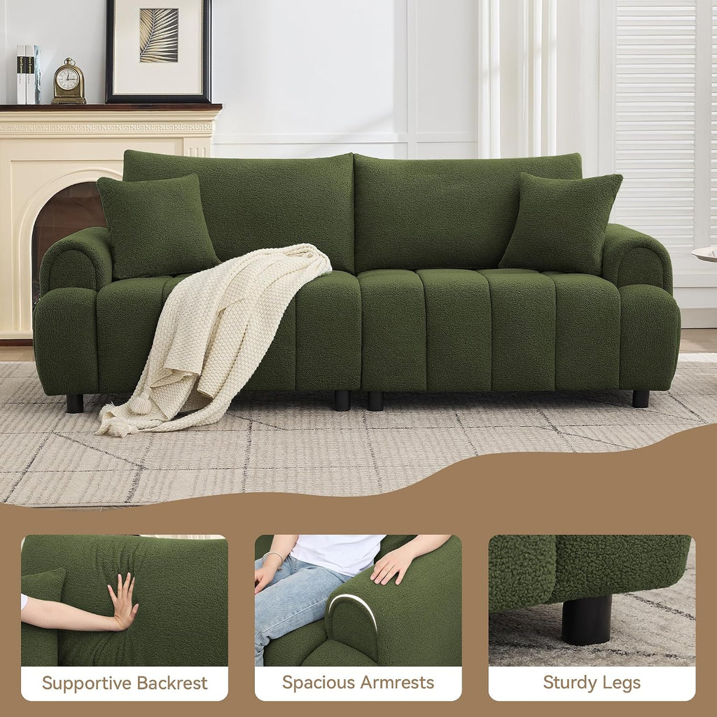 88 'Modern Boucle Sofa Couch, Oversized Comfy 3 Seater Sherpa Curved Sofas Deep Seat, Upholstered Loveseat Teddy Round Arm Couches for Living Room, Bedroom, Green