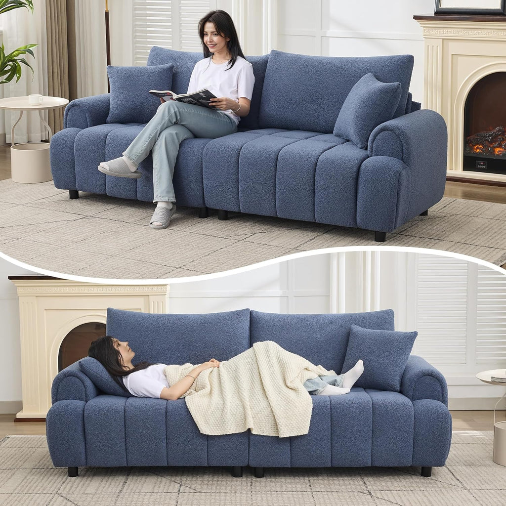 88 'Modern Boucle Sofa Couch, Oversized Comfy 3 Seater Sherpa Curved Sofas Deep Seat, Upholstered Loveseat Teddy Round Arm Couches for Living Room, Bedroom, Blue