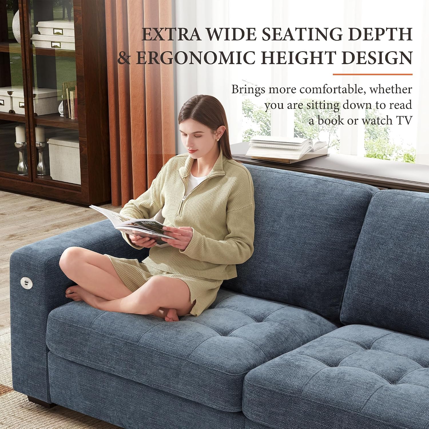 Ihanherry Modern Sofa Living Room Couch with USB/Type-C Charging Port, Comfy 3-Seats Chenille Recliner Sofa for Small Space, Removable Medium Firm Cushion, (89inch, Blue)