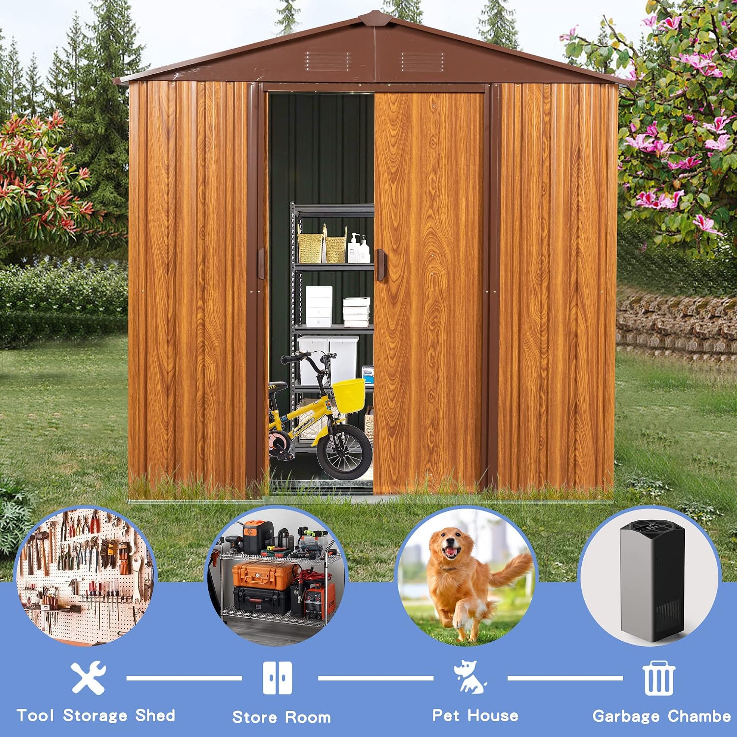 6x6 ft Outdoor Metal Storage Shed with Floor Floor, Lockable Galvanized Steel Tool Shed with Sliding Door and Air Vent, Waterproof Garden Storage House for Backyard, Patio