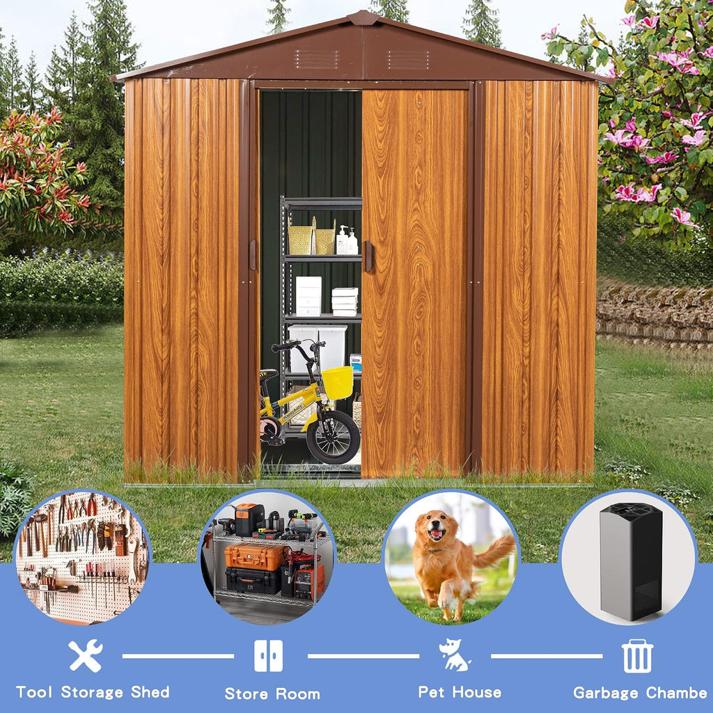 YOPTO 6×6 FT Outdoor Metal Storage Shed,Heavy Duty Storage House W/Integrated Punched Vents,Sliding Doors&Padlock,Horizontal Siding in Woodgrain Tool Sheds for Garden Backyard Lawn Patio,Yellow Brown