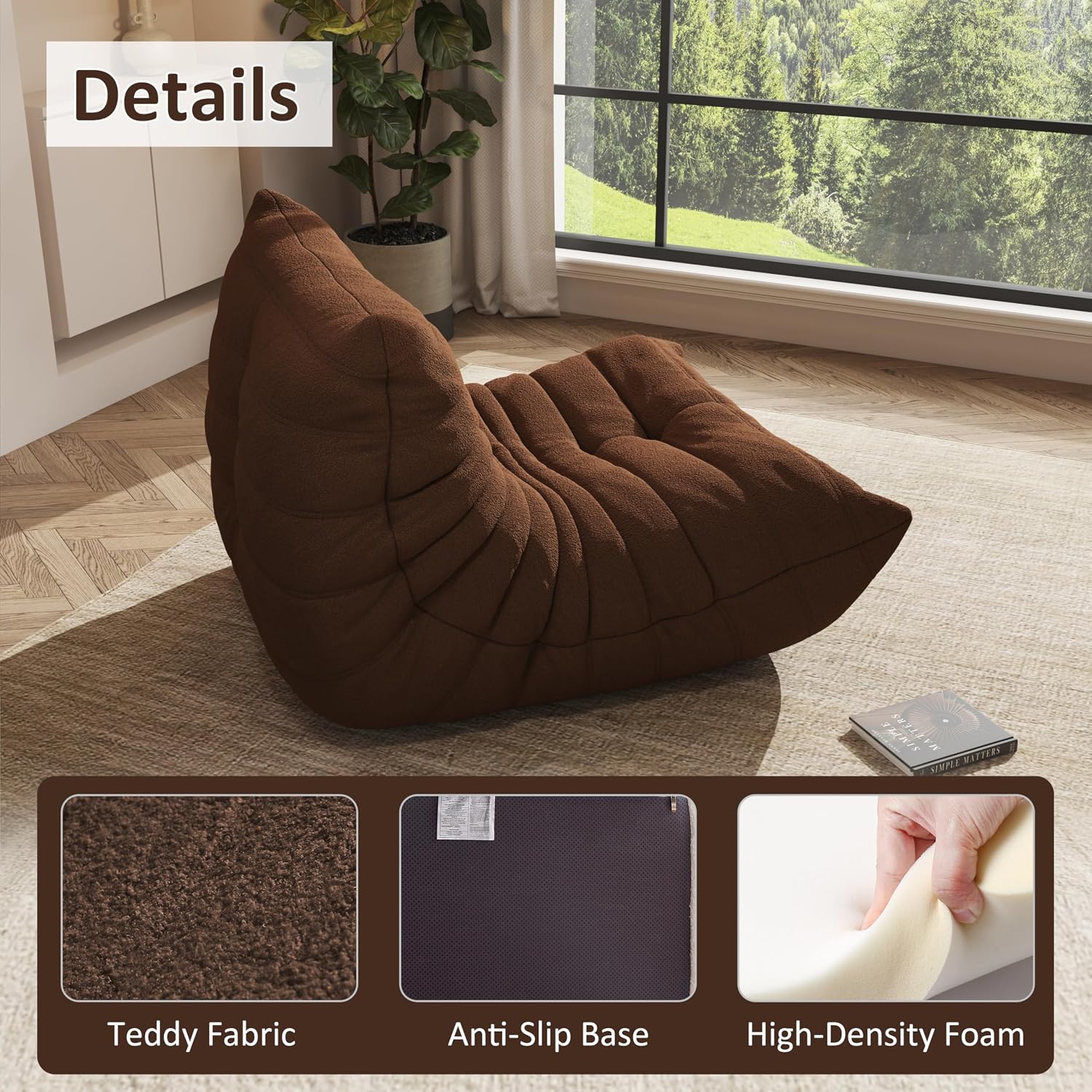 Bean Bag Chair, Cozy Memory Foam Bean Bag Chairs for Adults, Comfy Fireside Accent Chair Lazy Floor Chair for Gaming Bedroom Living Room (Coffee, Loveseat)