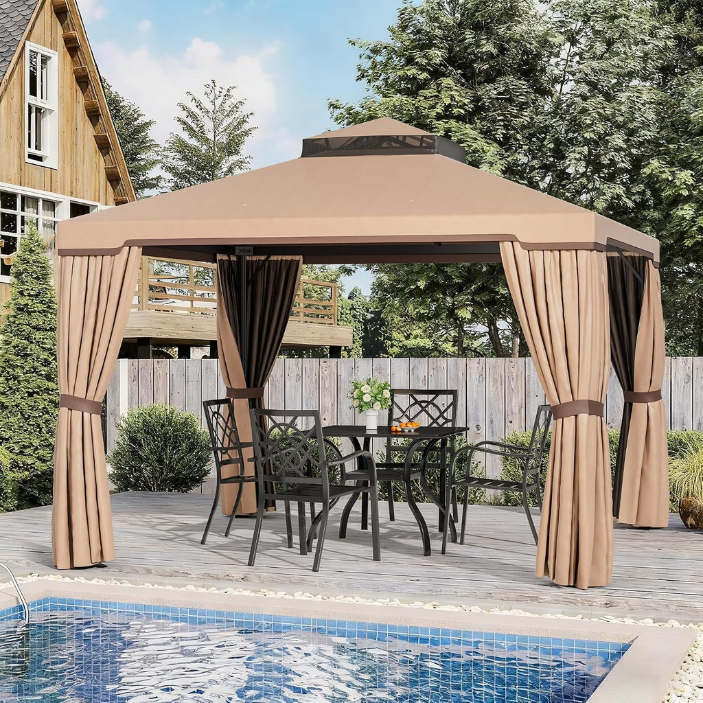 Incbruce Outdoor 10x10 FT Garden Gazebo, Steel Vented Double Roof Patios Canopy, Outside Gazebo with Mosquito Netting for Backyard, Lawns, Party (Brown)