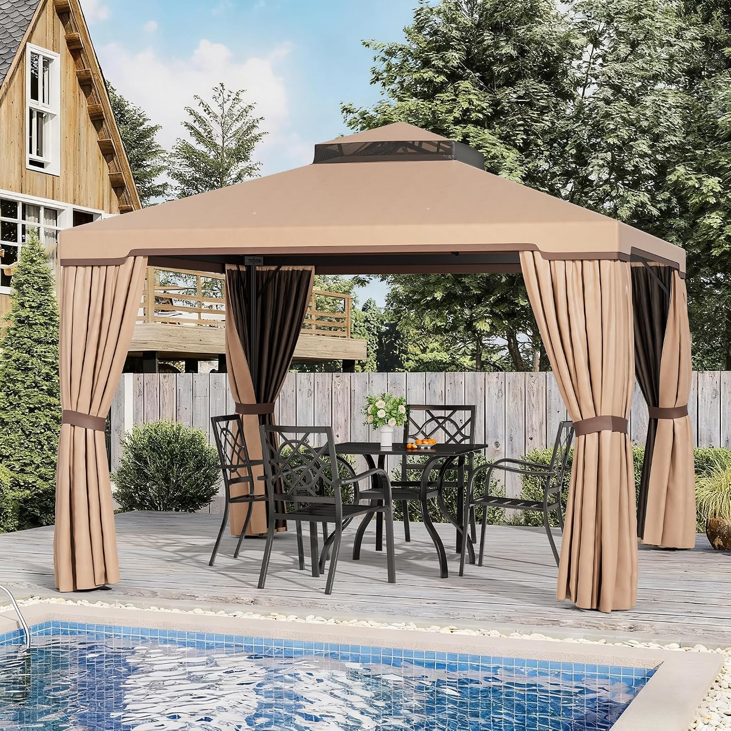 Incbruce Outdoor 10x10 FT Garden Gazebo, Steel Vented Double Roof Patios Canopy, Outside Gazebo with Mosquito Netting for Backyard, Lawns, Party (Brown)