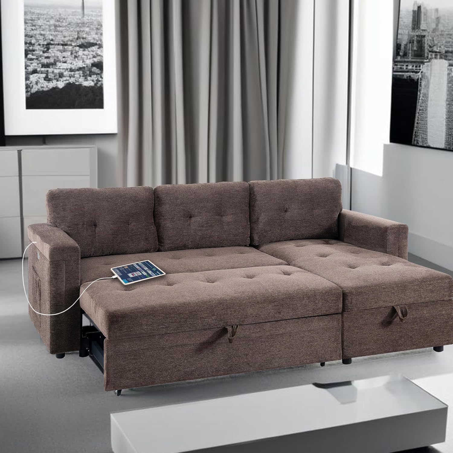 Naomi Home L-Shaped Sectional Sleeper Sofa with USB Ports - Convertible Pull-Out Bed, Ample Storage, Timeless Design, Durable Construction Espresso/Microfiber