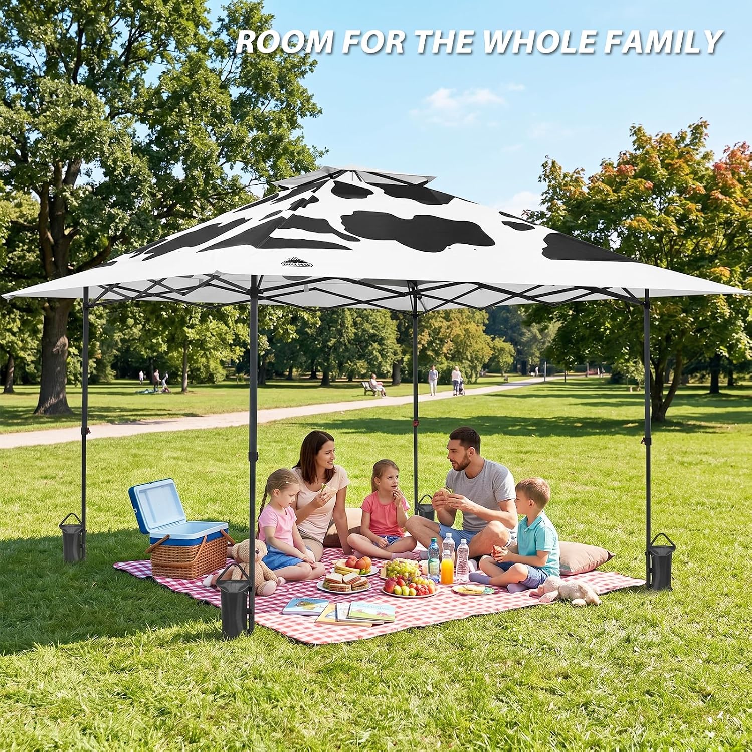 EAGLE PEAK 13x13 Straight Leg Pop Up Canopy Tent Instant Outdoor Canopy Easy Single Person Set up Folding Shelter w/Auto Extending Eaves 169 Square Feet of Shade (Cow Print)