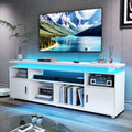 SUNCOZE TV Stand, Entertainment Center with LED Lights and Cabinet for 70/75/80 Inch TV, Modern TV Console Gaming Media Television Stands with Power Outlets for PS5 in Living Room and Bedroom, White