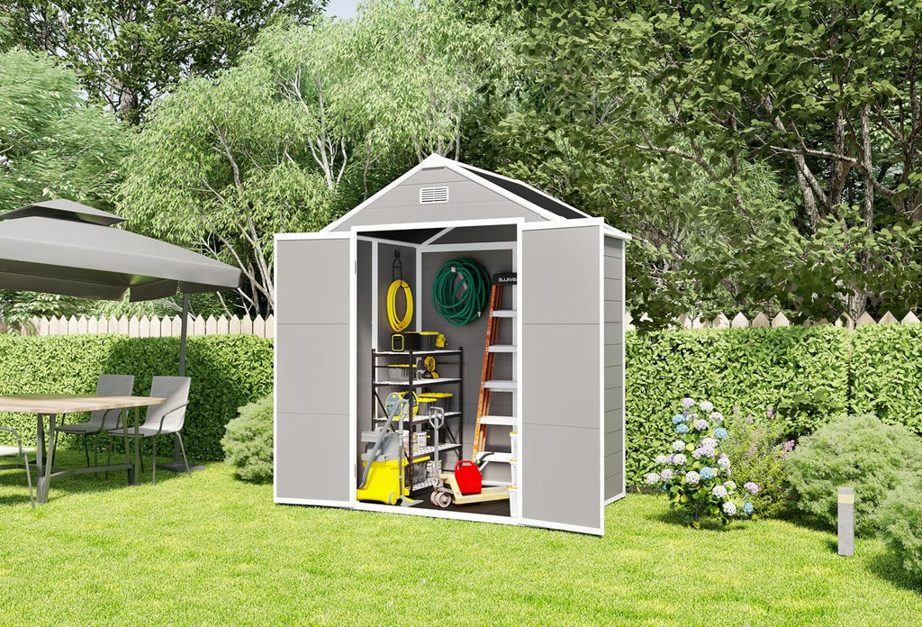 YOPTO 6x5 FT Resin Storage Shed,Garden House with Floor & Lockable Door,Waterproof Plastic Tool Sheds W/Slanting Roof Visual Window & Air Vents for Bicycles,Lawnmowers,Lawn,All Weather Use,Gray