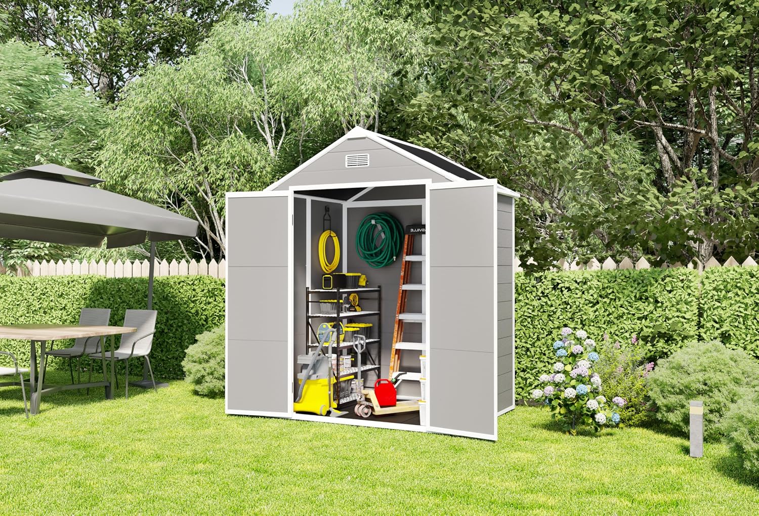 YOPTO 6x5 FT Resin Storage Shed,Garden House with Floor & Lockable Door,Waterproof Plastic Tool Sheds W/Slanting Roof Visual Window & Air Vents for Bicycles,Lawnmowers,Lawn,All Weather Use,Gray