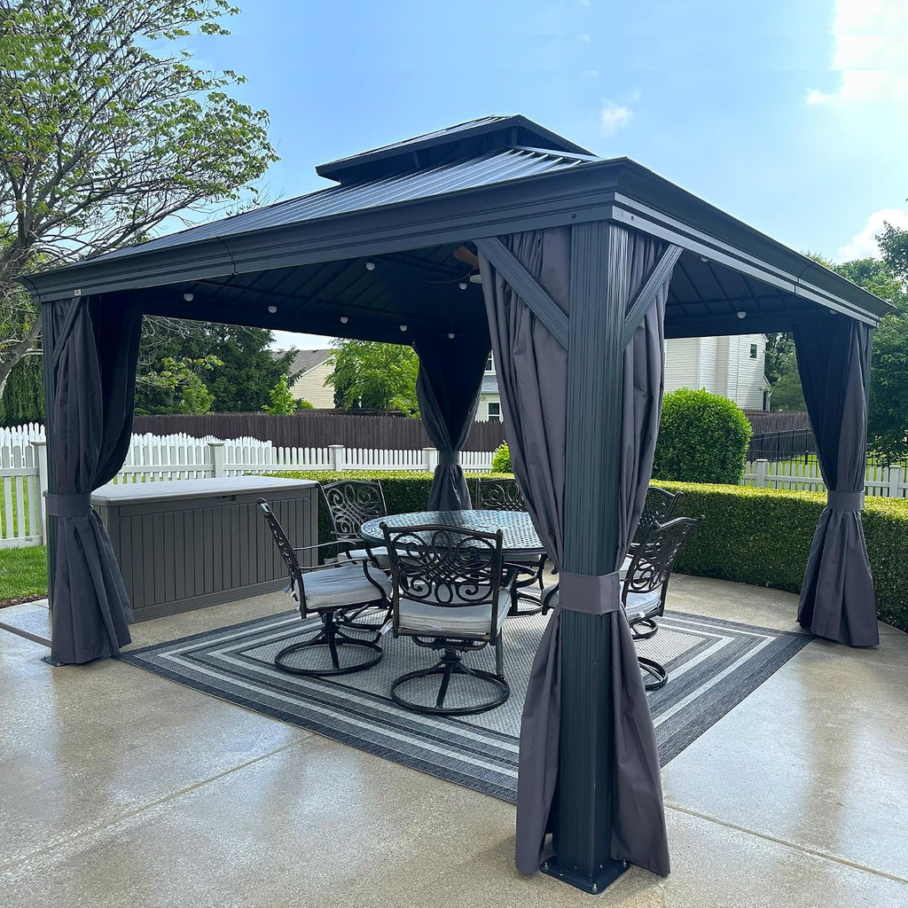 PURPLE LEAF 12' X 12' Permanent Hardtop Gazebo Aluminum Gazebo with Galvanized Steel Double Roof for Patio Lawn and Garden, Curtains and Netting Included, Grey
