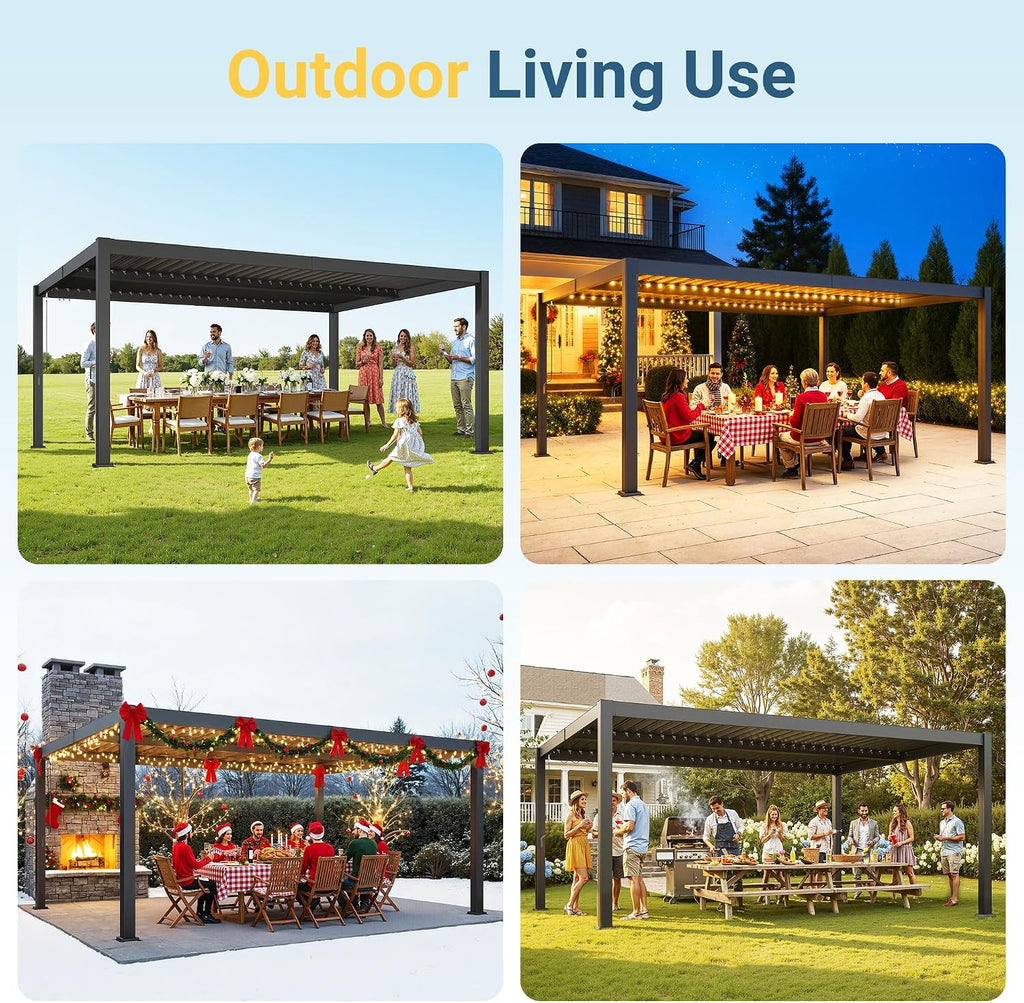 12' x 16' Louvered Pergola, Metal Outdoor Pergola with Adjustable Louvered Roof & Gutter System, Hardtop Patio Gazebo for Backyard, Deck, Garden, Dark Gray