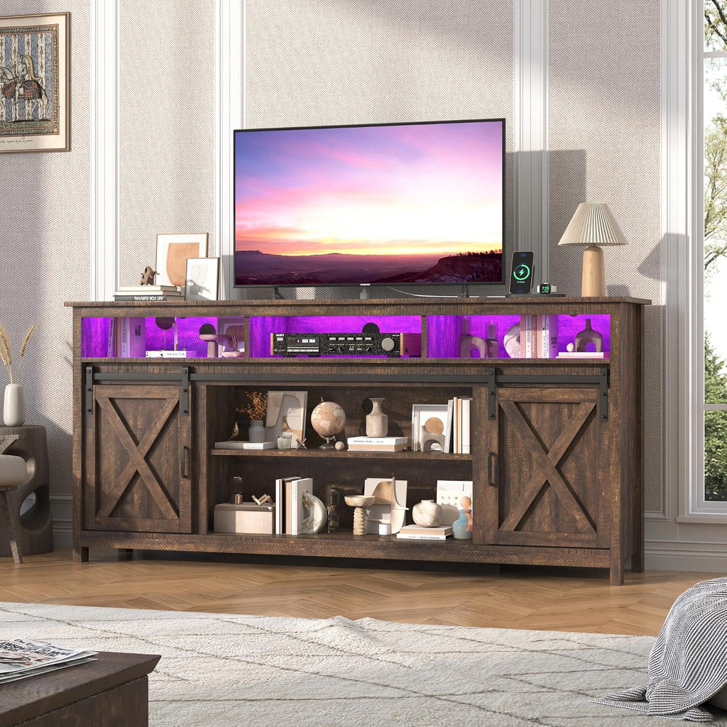 jiteentarou Farmhouse TV Stand for 80/75 Inch TV with Power Outlet, LED Entertainment Center with Storage and Sliding Barn Doors, Wood Media Console for Living Room, Brown