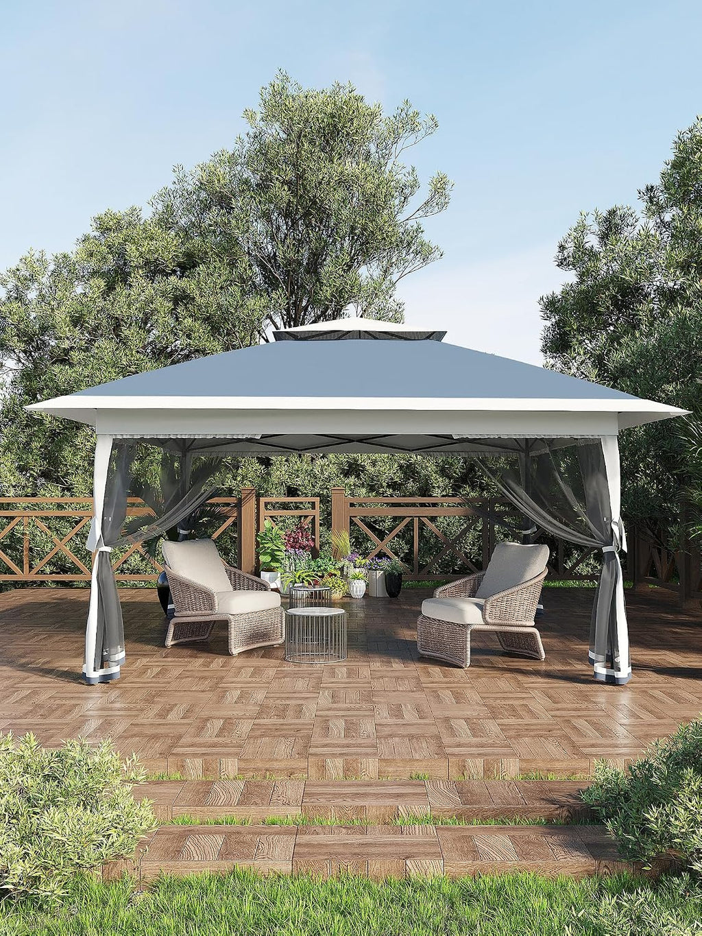 Garvee 13x13 ft Pop Up Gazebo, Canopy Tent with Mosquito Netting, Outdoor Gazebos for Backyard & Patio Furniture - Pop Up Canpy with Wheeled STO-N-Go Cover Bag(Navy Blue+Hemp Grey)