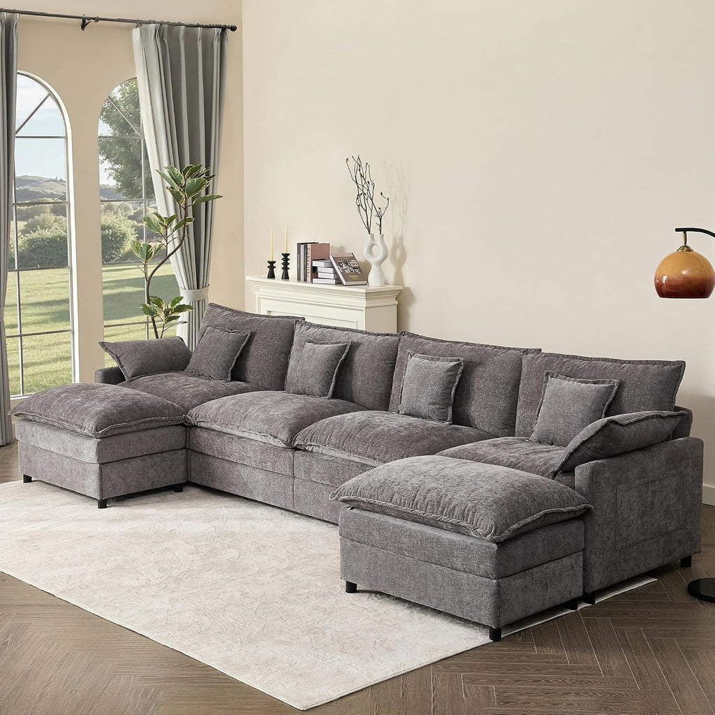 GOSUHI 142.5' U Shaped Couch, Modular Sectional Sofa, 3-Seater Comfy Cloud Couch, Set of Modular Pieces with Movable Ottoman, Deep Seat Couches for Living Room, Chenille, Slate
