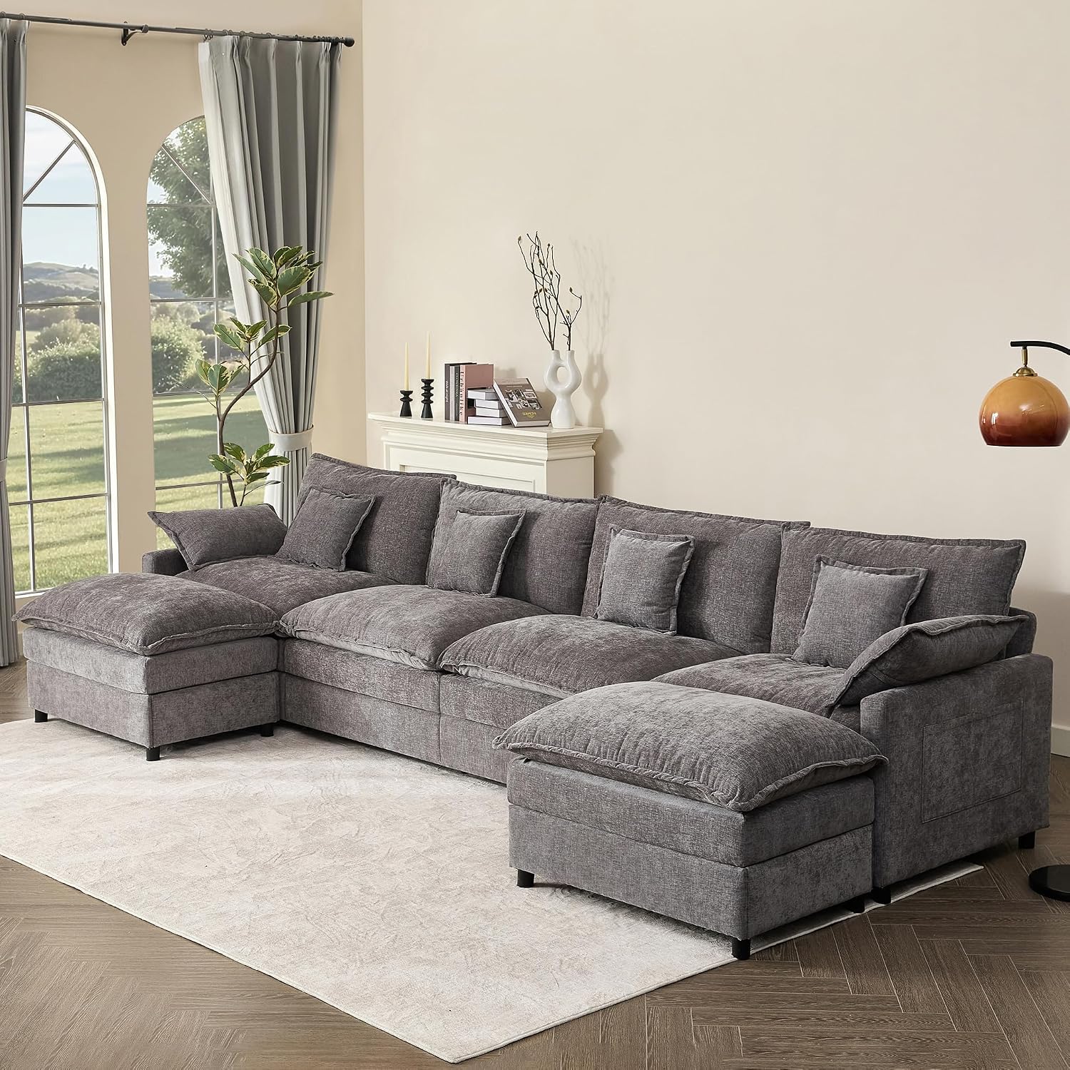 GOSUHI 142.5' U Shaped Couch, Modular Sectional Sofa, 3-Seater Comfy Cloud Couch, Set of Modular Pieces with Movable Ottoman, Deep Seat Couches for Living Room, Chenille, Slate